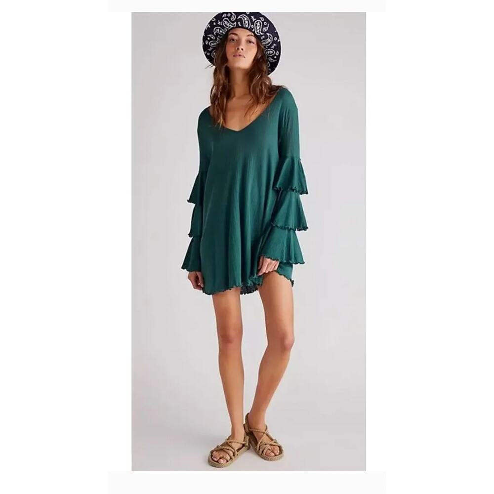 Free People Beach Seashore Mini Dress Teal gauzy tiered sleeve sz S